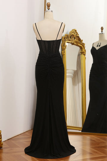Black Mermaid Spaghetti Straps Pleated Long Prom Dress with Beading